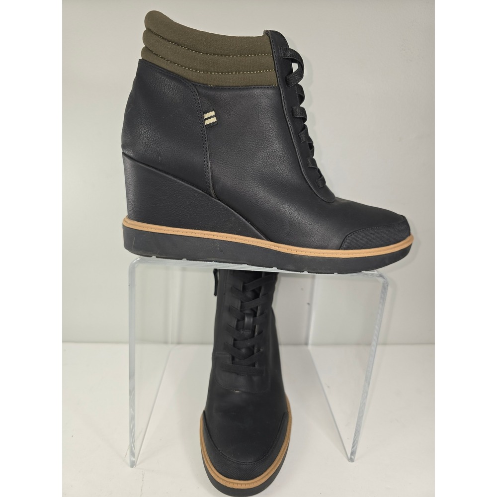RARE Dr Scholls Shoes Women 9 Black Wedge Ankle Boots Olive Green Collar J RUFFY